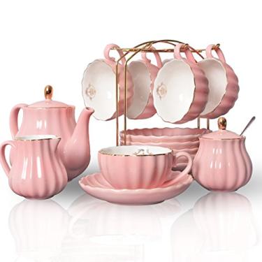 Imagem de Jogo de chá de porcelana Sweejar série British Royal, xícaras de 236 ml e pires para 6, com bule, açucareiro, leiteira, colheres de chá e infusor, adequado para chá da tarde, casamento, festa, rosa