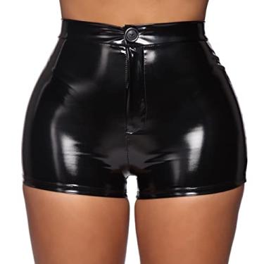 Imagem de Shorts femininos flexíveis de couro PU cintura alta discoteca short club booty short de dança, preto, 2GG