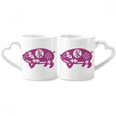 Imagem de Conjunto de canecas de porcelana para casal com estampa de animal do zodíaco chinês com alça de coração