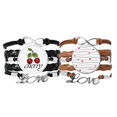 Imagem de DIYthinker Pulseira de coração rosa para Dia dos Namorados I Love You Line pulseira de couro corda cereja conjunto duplo