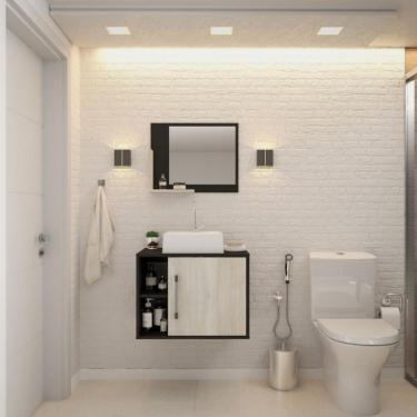 Imagem de Conjunto para Banheiro Gabinete com Cuba Q32 e Espelheira Soft 600  Preto Onix com Snow