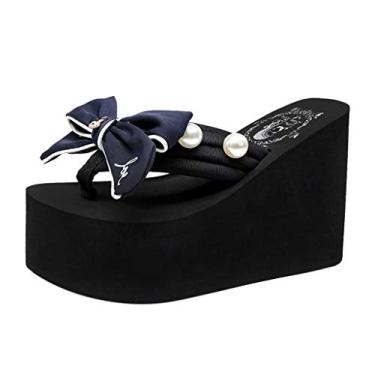Imagem de Sandálias anabela para mulheres sapatos meninas sandálias flip anabela laço chinelos de praia femininos pérola feminina (azul marinho, 37)