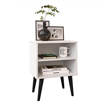 Imagem de Mesa de Cabeceira Prateleira Nicho Decoração Quarto Casal Solteiro Pés Palito Retrô Mesinha Apoio Lateral Cama - RPM Móveis (Branco/Preto)