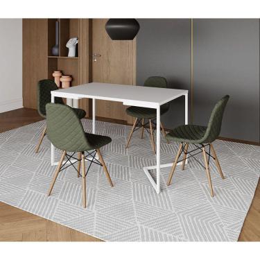 Imagem de Mesa Jantar Industrial com 4 Cadeiras Estofadas Verde Madeira Tampo Branco 120x75 Base V Aço Branco 