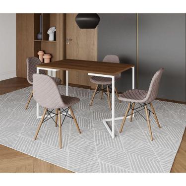 Imagem de Mesa Jantar Industrial + 4 Cadeiras Estofada Nude Médio Madeira Tampo Amêndoa 120x75 Base V Aço Bran
