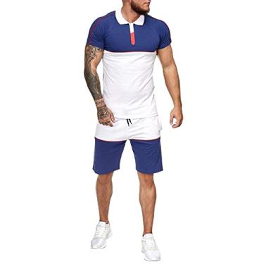 Imagem de Ternos Taupe para homens conjunto esportivo casual de verão conjunto esportivo de seda gelo slim fit camiseta de manga curta meninos jantar, Azul, 3G