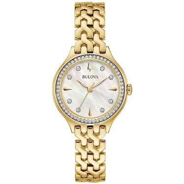 Imagem de Bulova Relógio feminino clássico de quartzo com 3 ponteiros de aço inoxidável, cristal dourado, estilo de mostrador madrepérola: 98L312, Dourado
