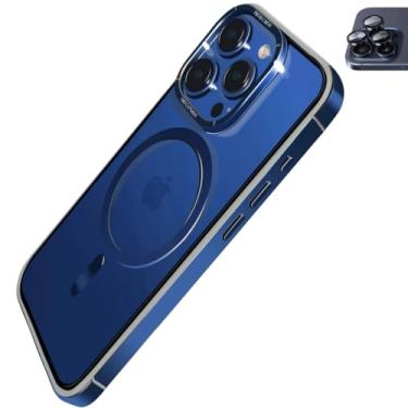 Imagem de Capa Case Bumper Bamper Para iPhone 15 Pro Max Transparente Acrílico Compatível com Carregamento Magnético Slim Anti Impacto Com Películas Para Lente de Câmera (Titânio Azul)