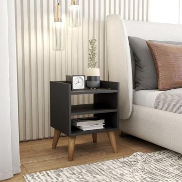 Imagem de Mesa De Cabeceira Retrô Pés Palito De Madeira Mesinha Lateral Preto