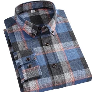 Imagem de ZMIN Camisetas casuais primavera outono roupas masculinas manga longa xadrez camisa masculina xadrez camisa masculina manga longa, Malha cinza azul, G