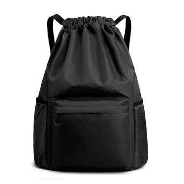 Imagem de Bolsa com cordão, mochila leve com suporte para garrafa de água e bolsos, mochila esportiva de ginástica, Preto, Small, Esportes