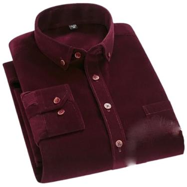 Imagem de BoShiNuo Camisa masculina primavera/outono veludo cotelê manga longa lisa confortável roupas casuais camisa masculina plus size, Vermelho 656, XXG