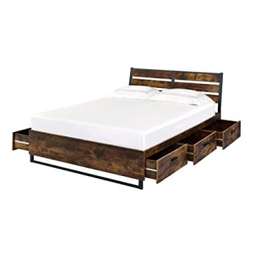 Imagem de Cômoda moderna rústica de carvalho e acabamento preto com moldura de cama de madeira cômoda com ferragens de metal níquel escovado para quarto (escrivaninha e espelho) (cama king size com