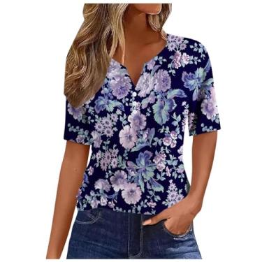 Imagem de Camisetas femininas de verão 2024 túnicas de manga curta, casual, gola V, solta, confortável, leve, blusa fofa, Ofertas Relâmpago Azul, P