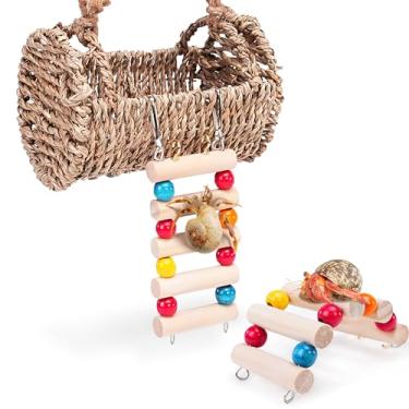 Imagem de U0U Esconderijo de caranguejo eremita com escada, brinquedos de escalada de madeira natural, ponte de répteis, adequado para hamster camaleão lagarto, amarelo