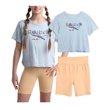 Imagem de Reebok Conjunto de shorts ativos para meninas – 2 peças de camiseta de desempenho de ajuste seco e shorts de bicicleta – Roupas esportivas de verão para meninas (7-12), Brilho pêssego, 12