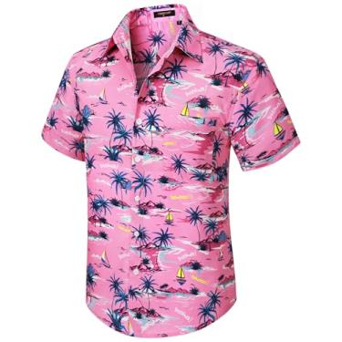 Imagem de Camisa masculina havaiana manga curta floral tropical Aloha camisa casual verão abotoado férias praia camisa com bolso, 21-rosa/palmeira, G