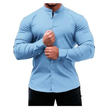 Imagem de Camisa masculina casual cor sólida abotoada atlética gola alta slim fit manga longa, Azul, XG
