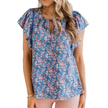 Imagem de ZC&GF Blusas femininas casuais Boho com estampa floral e gola V camisas soltas de flanela com babados, Azul floral, P