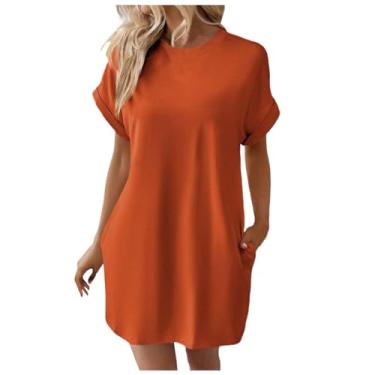 Imagem de Lainuyoah Vestido camiseta plus size feminino verão manga curta solto praia mini vestido casual gola redonda estampado túnica rodada, A - laranja, M