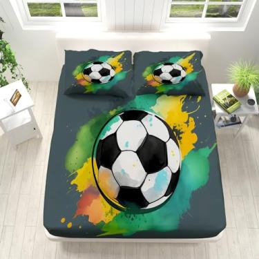 Imagem de Jogo de cama Queen cinza com estampa de futebol em aquarela, 4 peças, lençol com elástico alto, 40,6 cm, lençol de cima com 2 fronhas para meninas, meninos e crianças