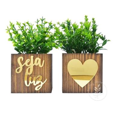 Imagem de Kit 2 Vasinhos Decorativos de Madeira com Plantas Artificiais Inclusas - Frase Espelhada Seja Luz (Dourado)