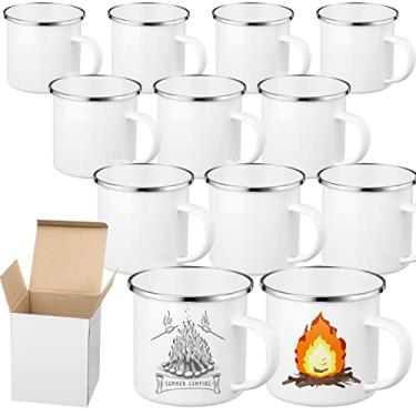 Imagem de Mimorou Conjunto de 12 canecas de café esmaltadas brancas de sublimação, 340 g, acampamento, acampamento, acampamento, chávenas para viagem, metal, skinny, com borda prateada, para acampamento,
