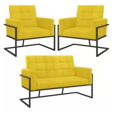 Imagem de Kit Recepção 2 Poltronas 1 Namoradeira Base de Ferro Reforçada para Escritório Sala de Espera (AMARELO)