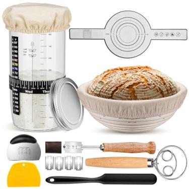 Imagem de Kit iniciante Sourdough, cesta redonda Banneton de 22 cm, pote para iniciantes de fermento de 1,020 g, lame, raspador de massa, batedor de massa e alça de silicone para pão