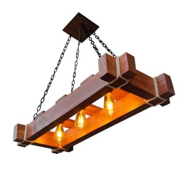 Imagem de Lustre Pendente Grande Madeira 3 Bocais Rústico Corrente Iluminação Estilo Industrial Clássico Sofisticado Ambientes Aconchegantes Sala Jantar Cozinha Varanda Área Gourmet Decoração Versátil Elegante