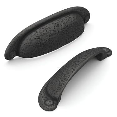 Imagem de Hickory Hardware 1 pacote de puxadores de armário de cozinha de núcleo sólido, puxadores de armário de luxo, ferragens para portas e gavetas de cômoda, centro de furo de 96 mm e ferro preto, coleção rústica refinada