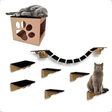 Imagem de Playground Para Gatos 8 Peças Mdf 6mm Kit Nicho Patinha Prateleiras Ponte e Degraus - Seguro e Resistente