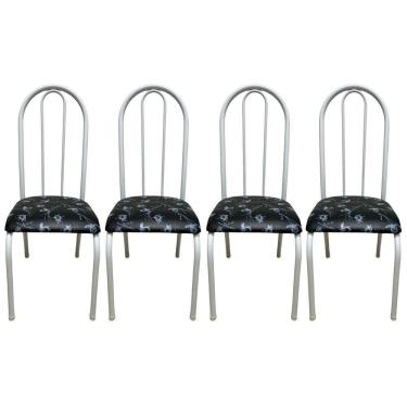 Imagem de Kit 4 Cadeiras Sala Jantar Aço Tubolar Cozinha Courino Junco Cor Do Assento:preto Florido-branco