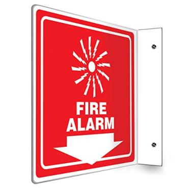 Imagem de ACCUFORM Placa de projeção 90D PSP730, legenda "Fire Alarm (seta)" com gráfico, painel de 20 x 20 cm, plástico de alto impacto de 0,25 cm de espessura, orifícios de montagem pré-perfurados, branco