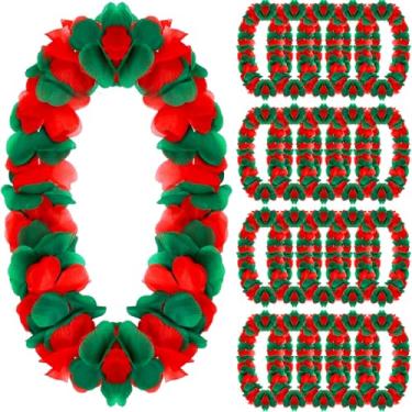 Imagem de cssopenss Colar Leis havaiano de Natal com 20 peças, vermelho e verde, flor havaiana tropical, colar Leis de Natal para lembrancinhas de festa de Natal, evento temático tropical havaiano, festa de