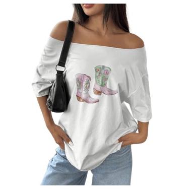 Imagem de BEAUDRM Camiseta feminina com estampa gráfica ombro de fora, casual, gola canoa, manga curta, camiseta grande, Branco, M