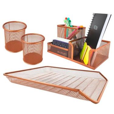 Imagem de Kit Porta Caneta Lapis Organizador De Mesa Bandeja Rose Gold - Markys 