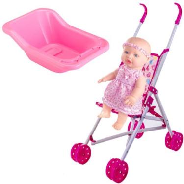 Imagem de Boneca Bebe Faz Xixi +Carrinho Fraldinha e Banheira P/ Banho - Milk Br