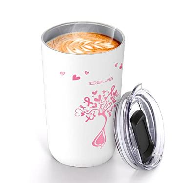 Imagem de IDEUS Copo de café de 590 ml com tampa à prova de derramamento, conscientização do câncer de mama e fita rosa, caneca de café de parede dupla isolada a vácuo de aço inoxidável, copo de café de viagem revestido com pó