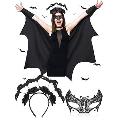 Imagem de Eurzom Conjunto de 3 peças de acessórios de fantasia de morcego de Halloween com asas pretas vampiro morcego bandoleiro máscara de renda conjunto de máscara para cosplay, Preto, X Large