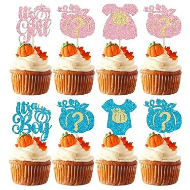 Imagem de Gyufise 24 peças de enfeite de cupcake de abóbora revelando gênero glitter outono abóbora menino ou menina decorações de topo de bolo para Halloween tema abóbora chá de bebê revelação de gênero