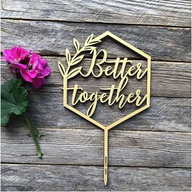 Imagem de HappyPlywood Better Together Topper Hexágono Geométrico Madeira Casamento Casamento Festa de Noivado Decoração Feliz Aniversário Ouro Prata Marrom Madeira Natural (Ouro)