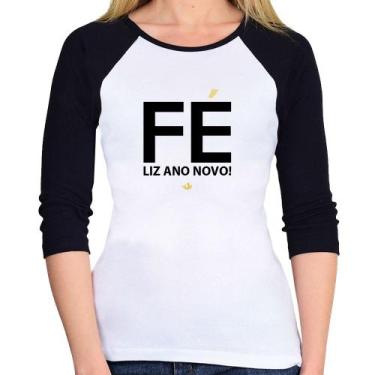 Imagem de Baby Look Raglan Fé liz ano novo! Manga 3/4 - Foca na Moda, Branco, Pr