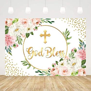 Imagem de Ticuenicoa Pano de fundo de batismo de 1,5 x 9 m para meninas, fundo de primeira comunhão, rosa e dourado, God Bless Back Drop Drop Bessing, decoração fotográfica, banner, festa de chá de bebê, lembrancinhas de fotos de 1º aniversário