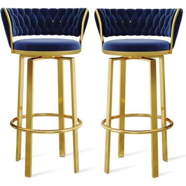 Imagem de Conjunto de bancos de bar com altura giratória de 360 ​​° de 1/2/3/4, bancos de bar de veludo com costas abertas e apoio para os pés dourado/preto, cadeiras de jantar para Kitchen Island Pub