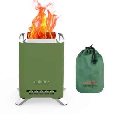 Imagem de Onlyfire Fogueira 2 em 1 sem fumaça com suporte de panela e bolsa de transporte, lareira de mesa portátil de 16,5 cm, mini fogueira a lenha para acampamento ao ar livre, pátio e quintal, verde FP052