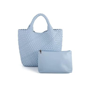 Imagem de Bolsa de tecido feminina de couro vegano, feita à mão, bolsa de praia de verão, bolsa de mão e bolsa de mão, Azul claro, One Size