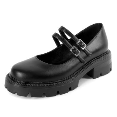 Imagem de Soireelady Sapato social feminino grosso Mary Janes plataforma salto baixo bico redondo tira no tornozelo Oxford uniforme sapato social 5 cm, Preto fosco, 38