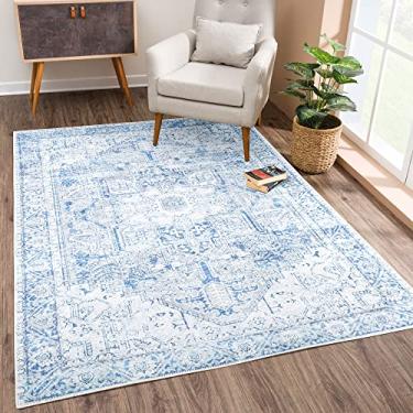 Imagem de Bloom Rugs Tapete antiderrapante lavável 1,5 m x 1,8 m - Tapete de área persa tradicional azul/cinza para sala de estar, quarto, sala de jantar e cozinha - Tamanho exato: 1,5 m x 1,8 m