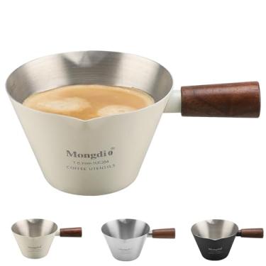 Imagem de Mongdio Copo medidor de café expresso, copos de café expresso de aço inoxidável com cabo de madeira e bicos duplos, 100 ml, branco